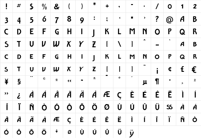 Ventoux Plain SmallCaps Regular  glyph index