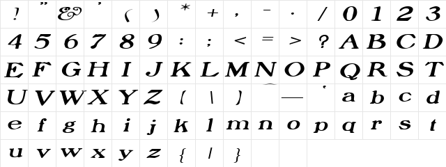 ProphetExtended Italic  glyph index
