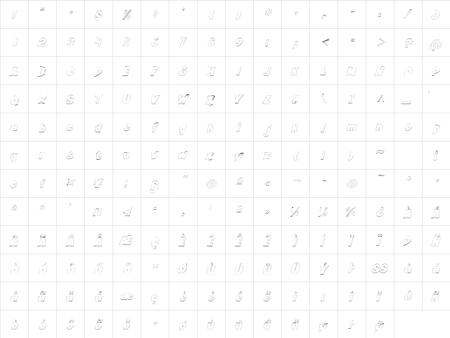 JiffyOutline Italic  glyph index