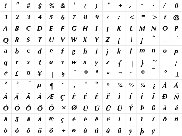 Orion Bold-Italic Regular  glyph index