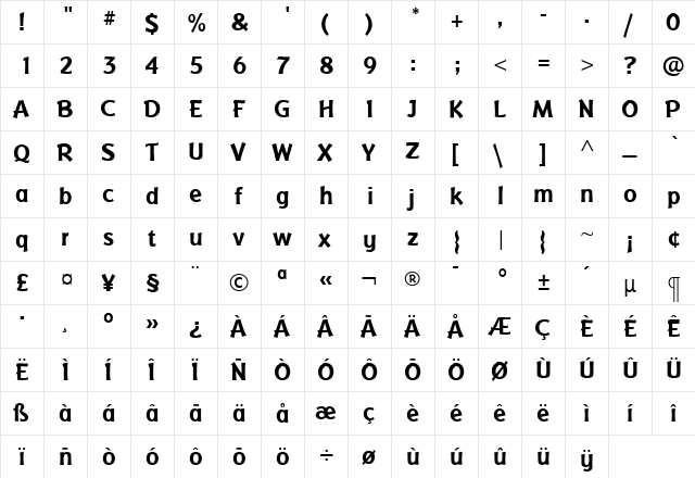 BadgerBold Roman  glyph index
