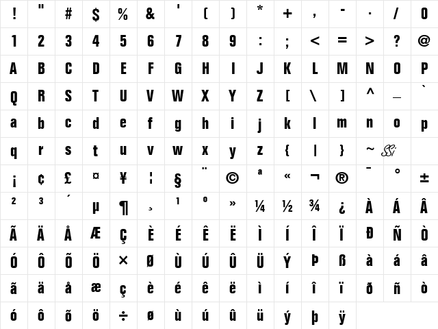 Layout Condensed SSi Bold Condensed  glyph index