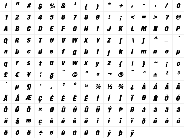 Helvetica Neue LT Regular  glyph index