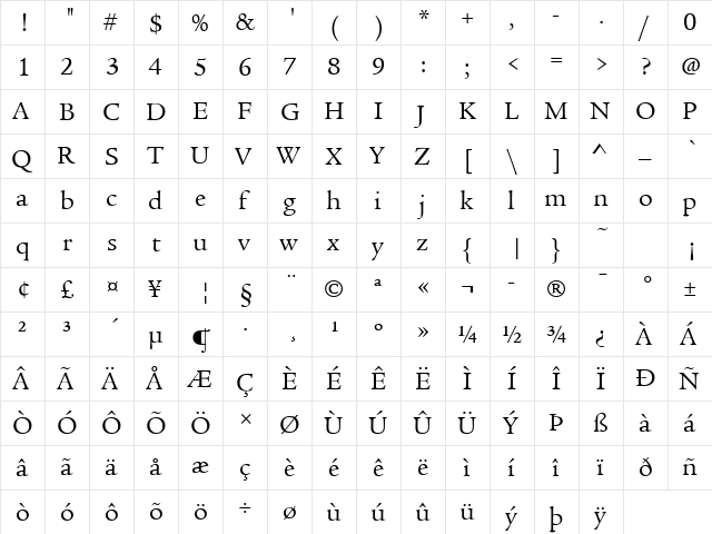 Legacy Serif ITC TT Book  glyph index