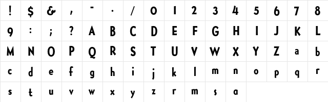 GolucianBoldCondensed Regular  glyph index