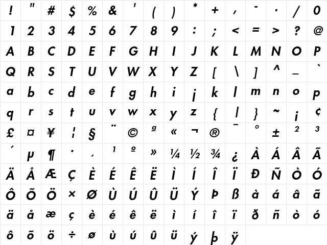 Futura Heavy Oblique  glyph index