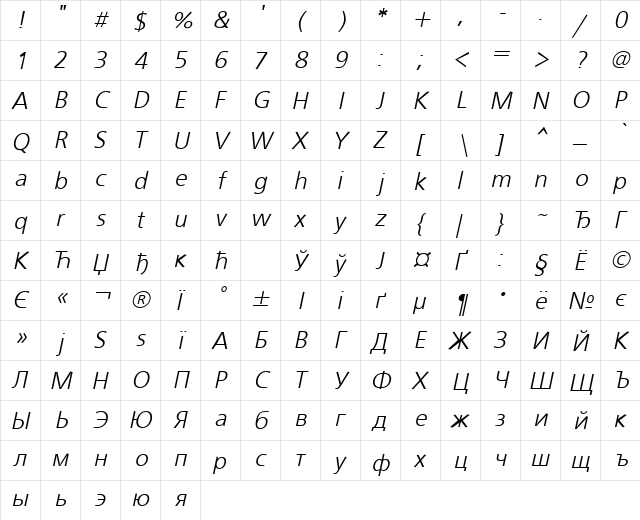 UkrainianFreeSet Italic  glyph index