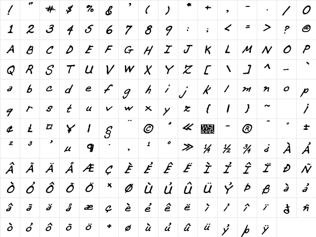 DeannasHand Bold Italic  glyph index