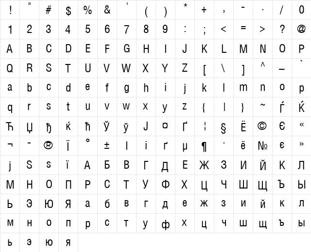 HeliosCond Regular  glyph index