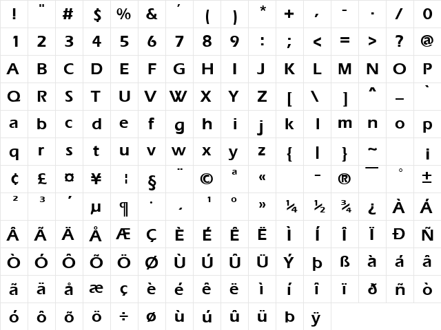 GE Ergonomic Bold  glyph index