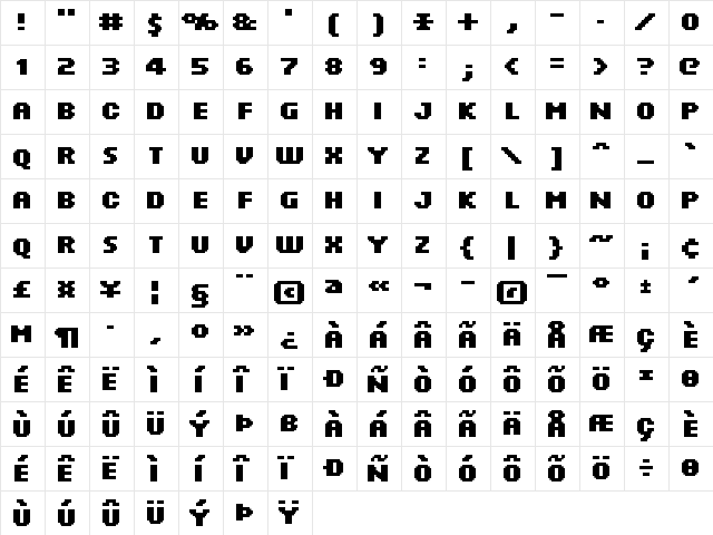FFF Minute Bold Regular  glyph index