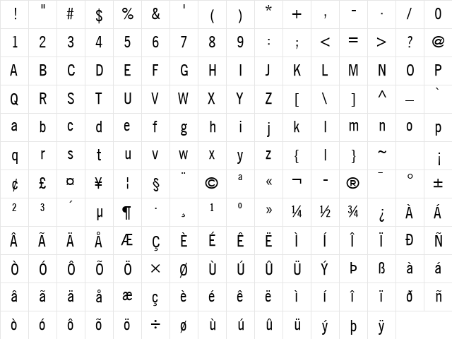 Trade Gothic LT Com Condensed No. 18  glyph index
