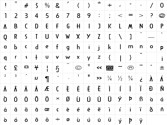 ArcaneWide Regular  glyph index