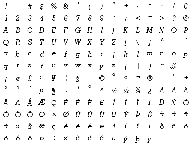 Jaak SSi Italic  glyph index