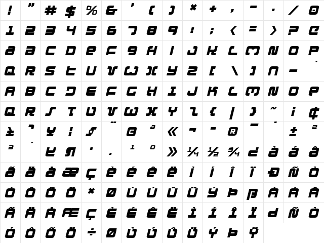 Exedore Italic Italic  glyph index