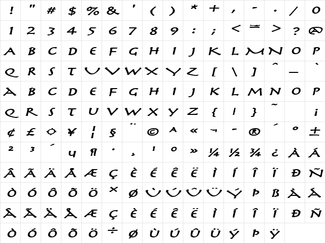 Mythology Extended BoldItalic  glyph index