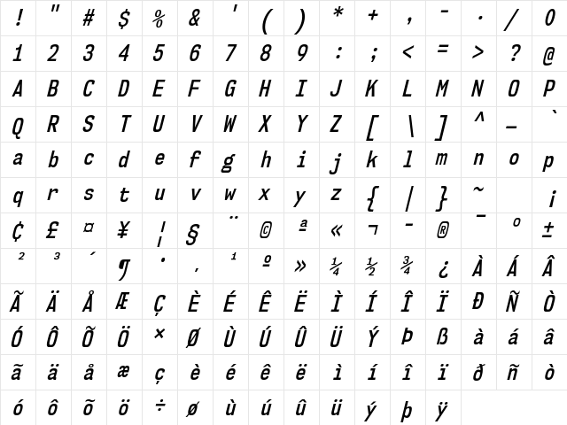 NK57 Monospace Condensed SemiBold Italic  glyph index