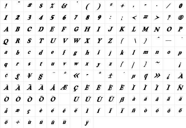 OswaldGrey Italic  glyph index