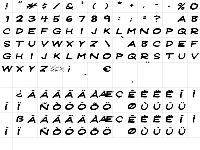 JeffreyPrint JL Wide Italic  glyph index