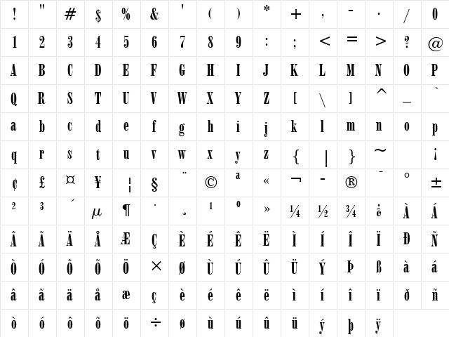 Onyx BT Regular  glyph index