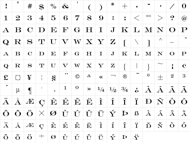 EngraversRomanV Regular  glyph index