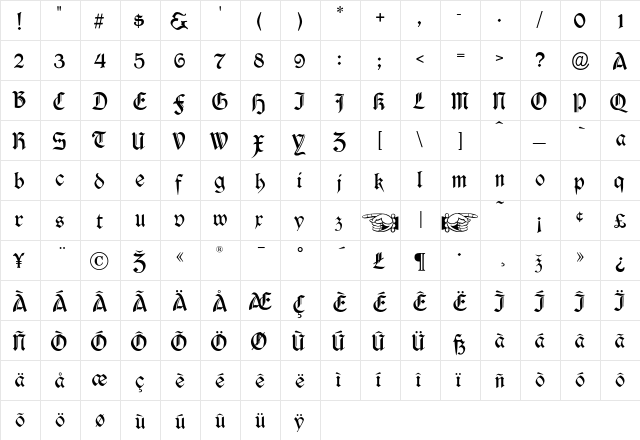 Durwent Regular  glyph index