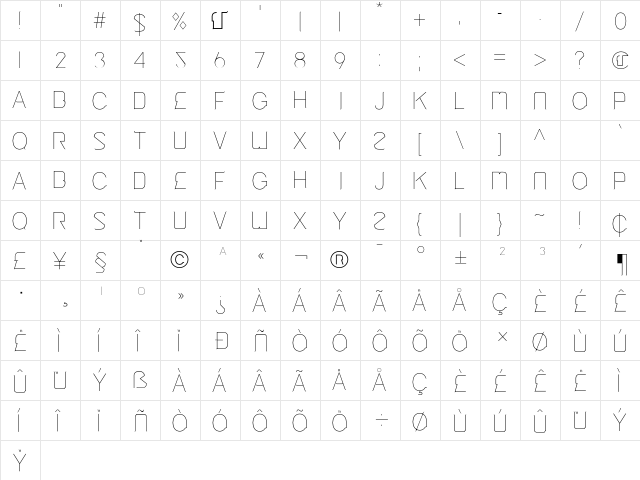 Cinga UltraLight  glyph index