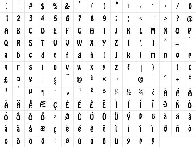 Bobo Thin Normal  glyph index