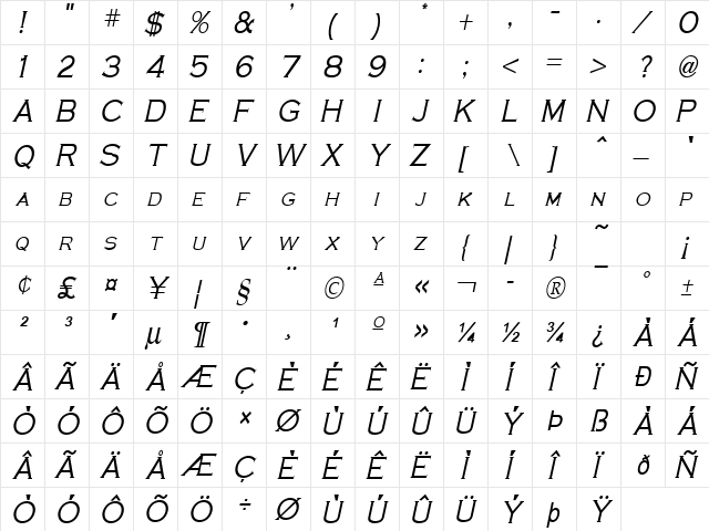 Cobalt-Condensed Italic  glyph index