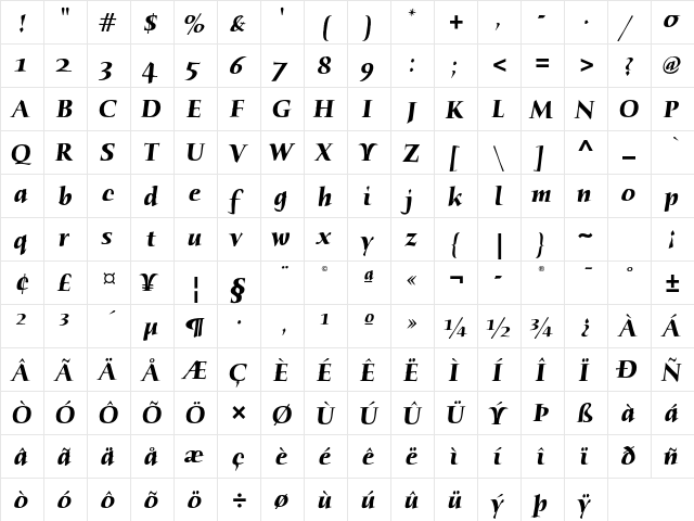 Humana Serif ITC Std Bold Italic  glyph index