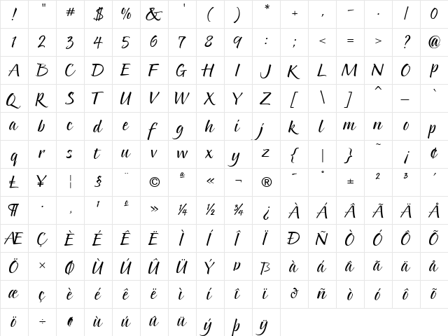 Pointed Brush Regular  glyph index