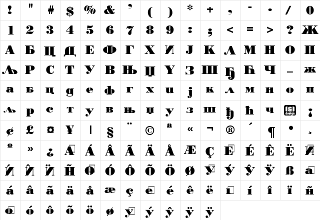 Bodoni PosterD&DCirilica Black  glyph index