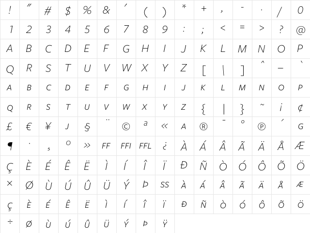 Freight Sans Light Italic SC  glyph index