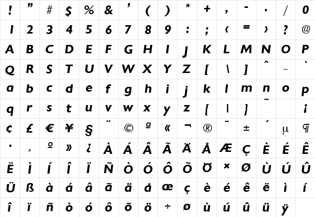 ChantillySerial BoldItalic  glyph index