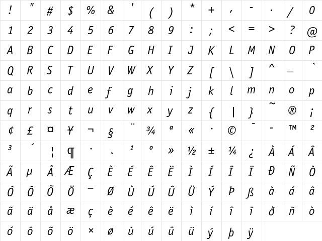 OfficinaSansITC Book Italic  glyph index