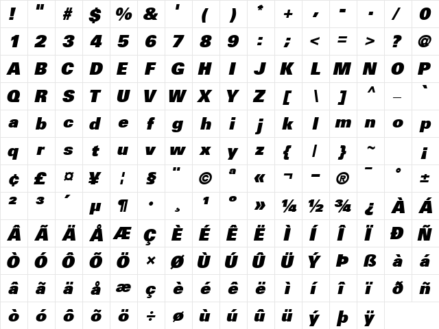 NovaBlackSSK BoldItalic  glyph index