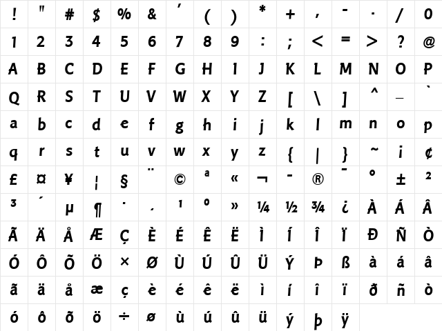 LTPisa Regular Bold  glyph index