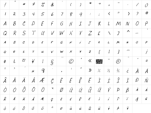 BrucesHand Italic  glyph index