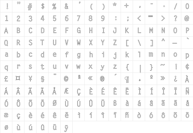 LetterGothic-Bold Hollow Regular  glyph index
