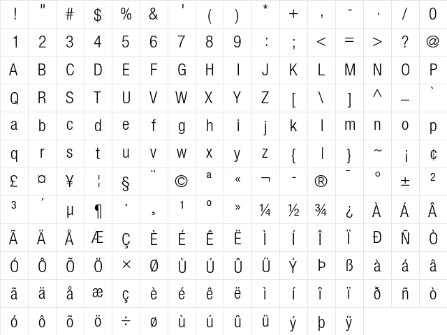 Helvetica Neue 47 Light Condensed  glyph index