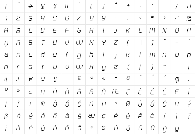 DistillaLight Italic Regular  glyph index