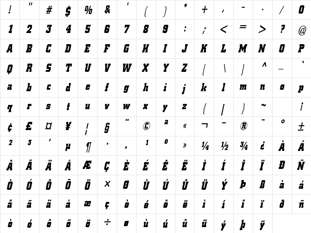 Borghs-Condensed Italic  glyph index