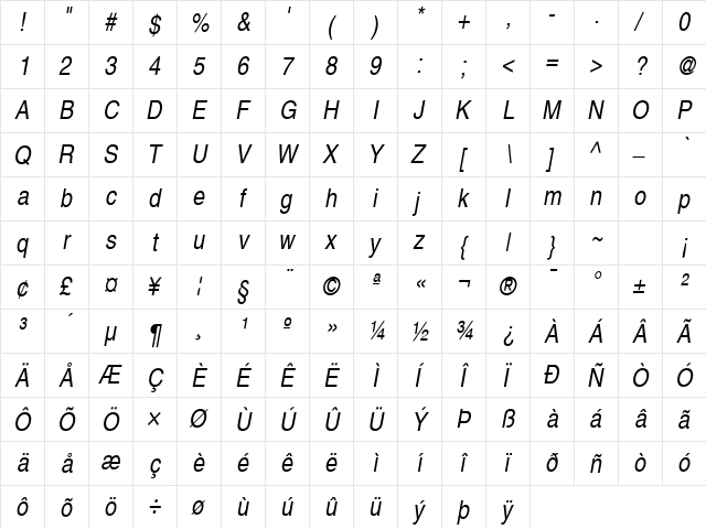 Sans Narrow ITALIC  glyph index