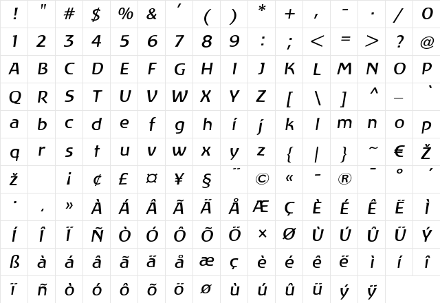 LTAtlantis Italic Regular  glyph index