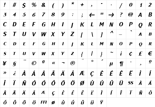 MondialPlus Bold Italic Caps Regular  glyph index