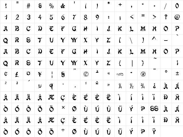 Deng Thick Regular  glyph index