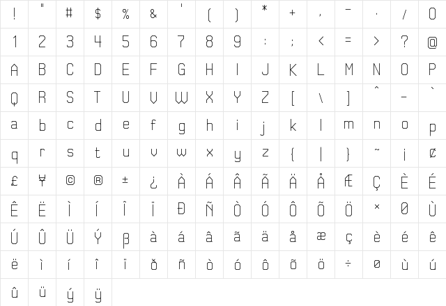 Cristina Light Regular  glyph index