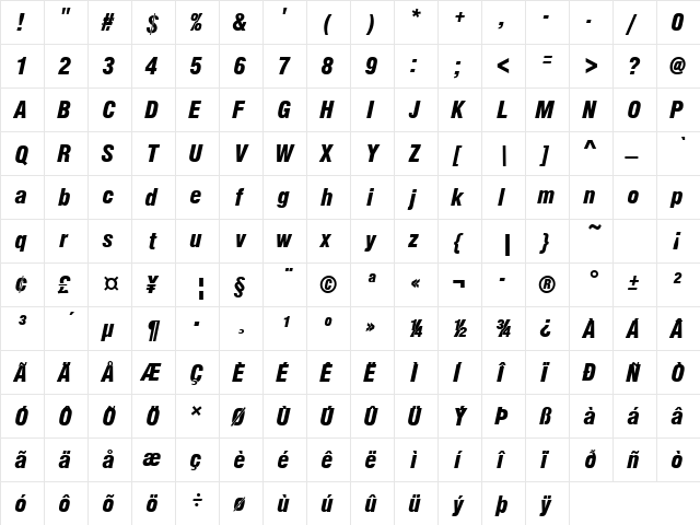 Nimbus Sans Becker PBlaCon Italic  glyph index