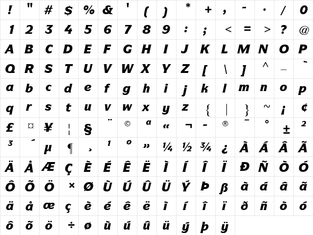 ITCSymbol Black Italic  glyph index