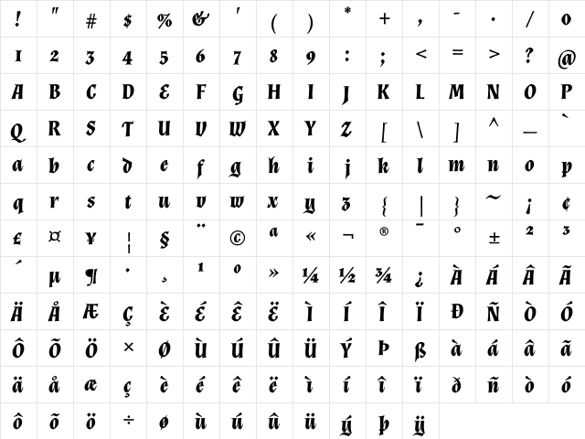 Almendra Bold Italic  glyph index